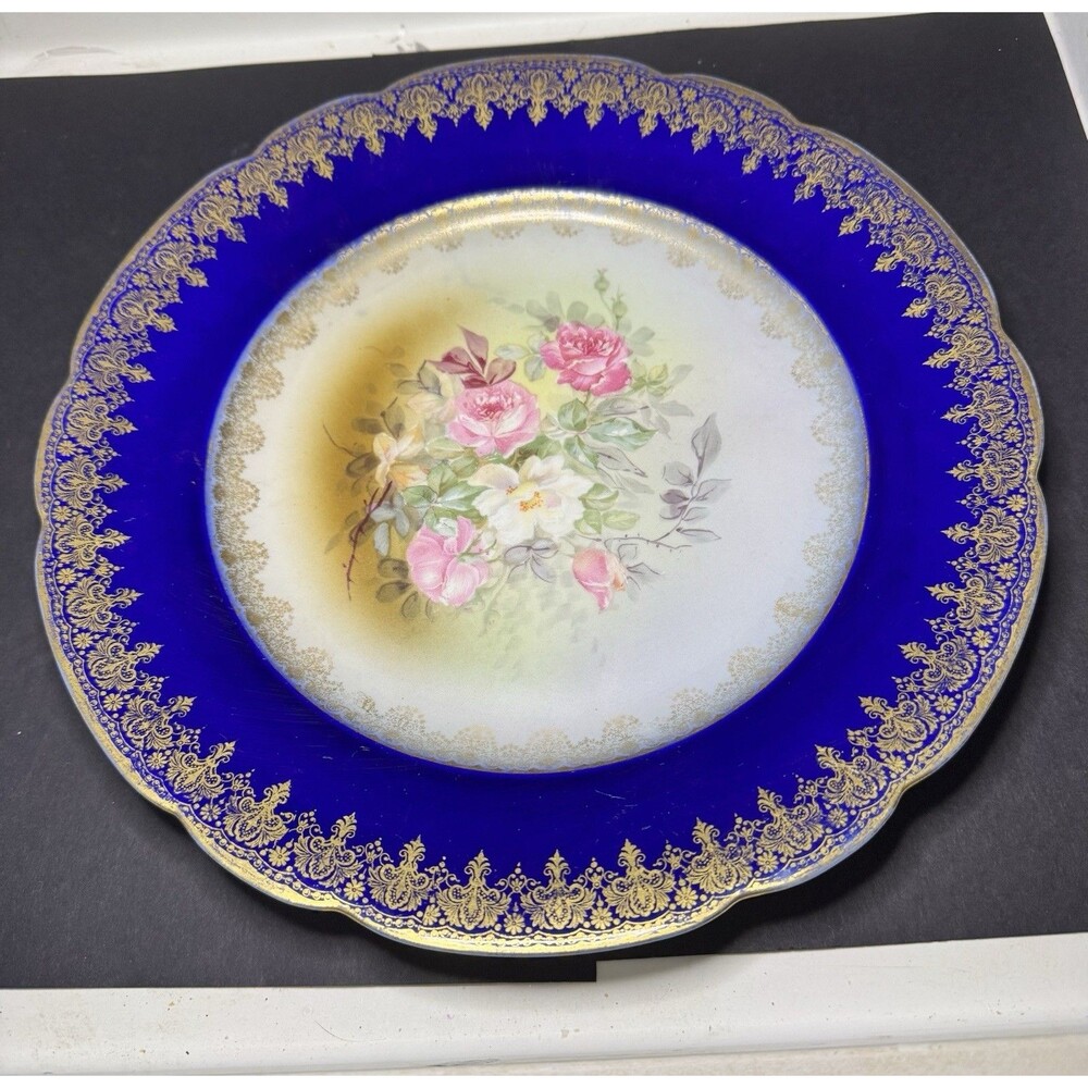 Antique Haviland Limoges France Cobalt Blue Gold Rose Floral Plate c1900